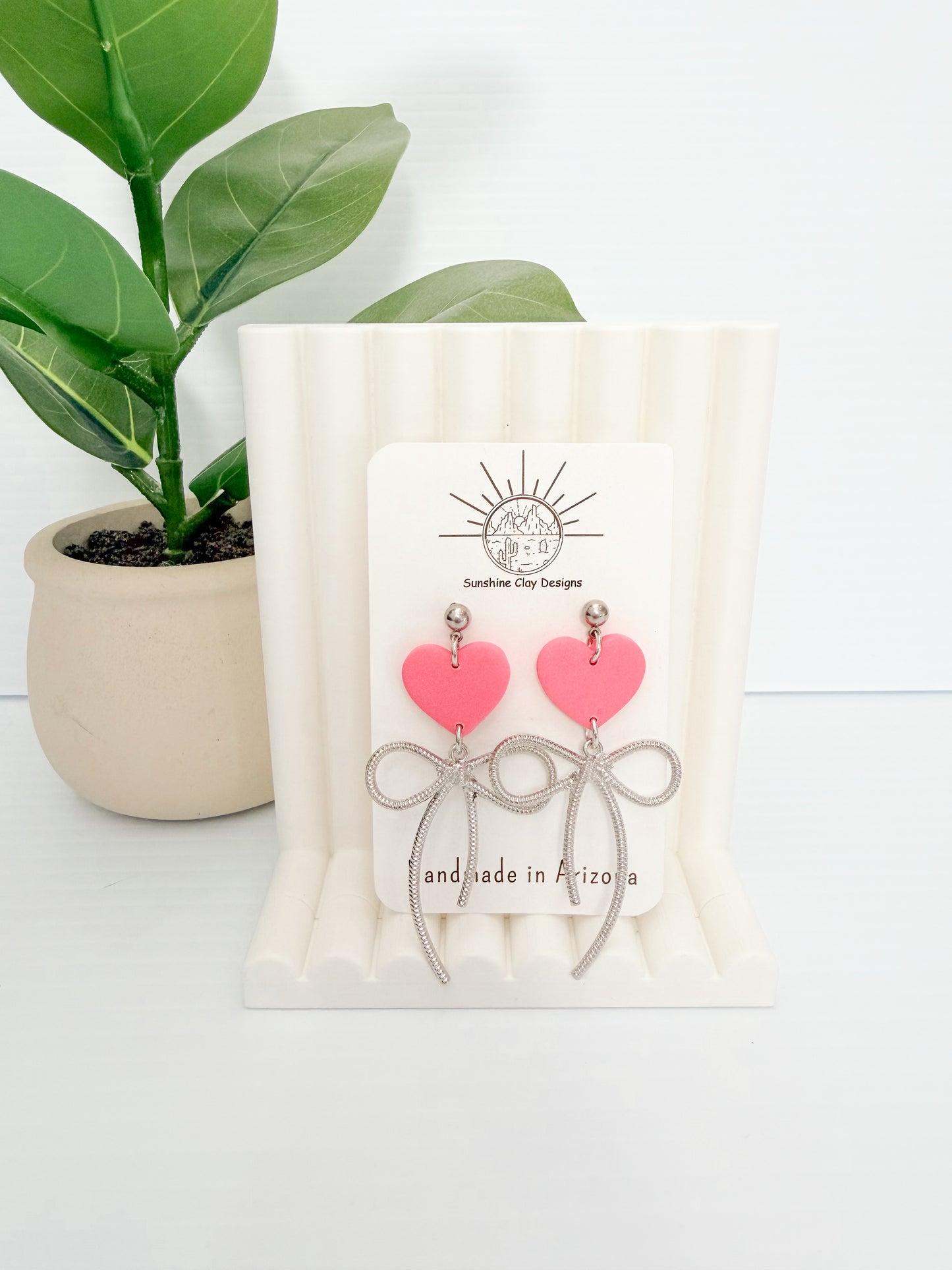 Pink Heart Silver Bow Dangles