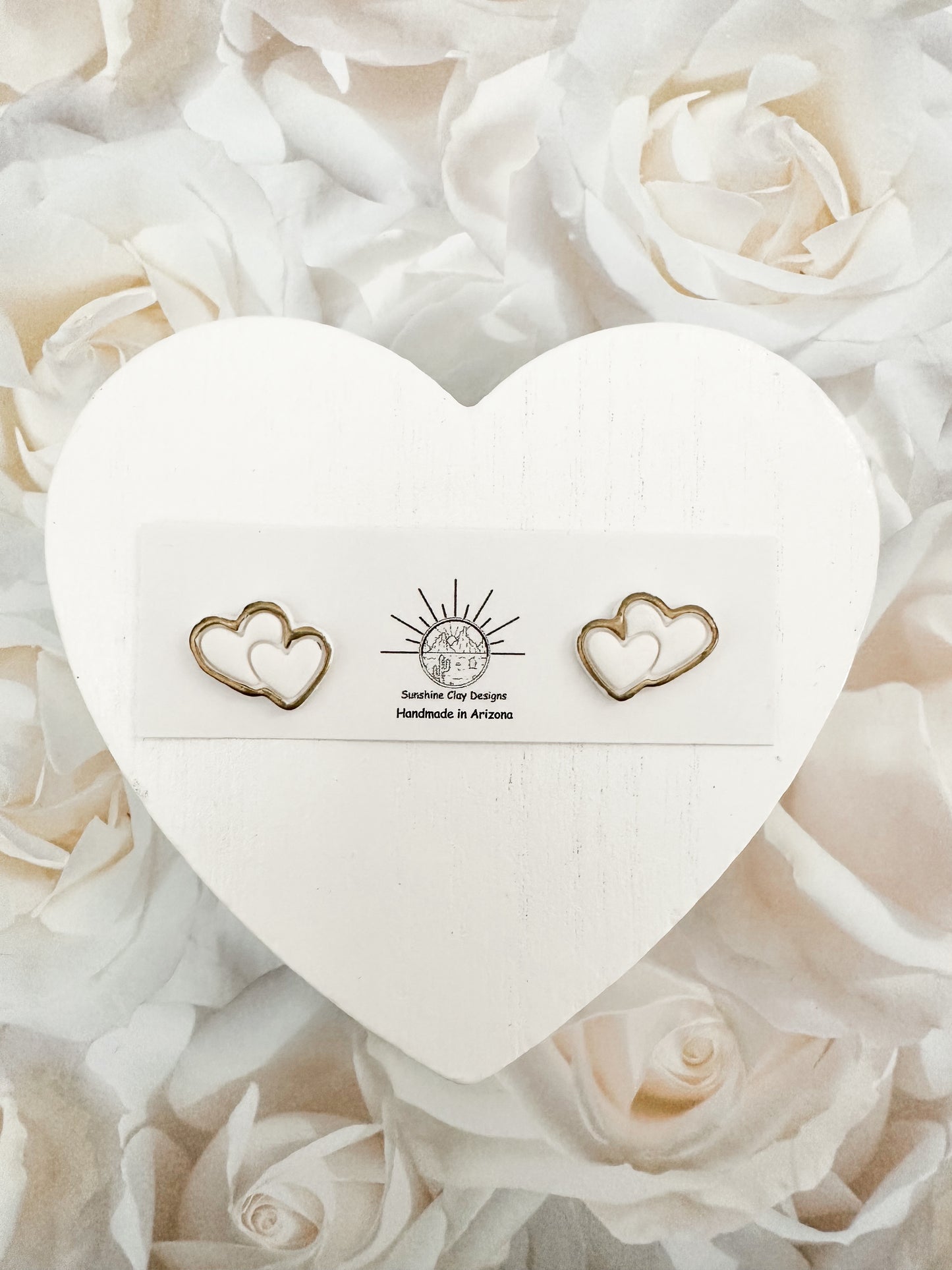 White Double Heart Studs